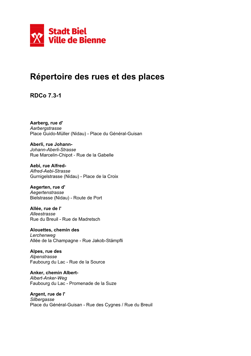 Répertoire Des Rues Et Des Places