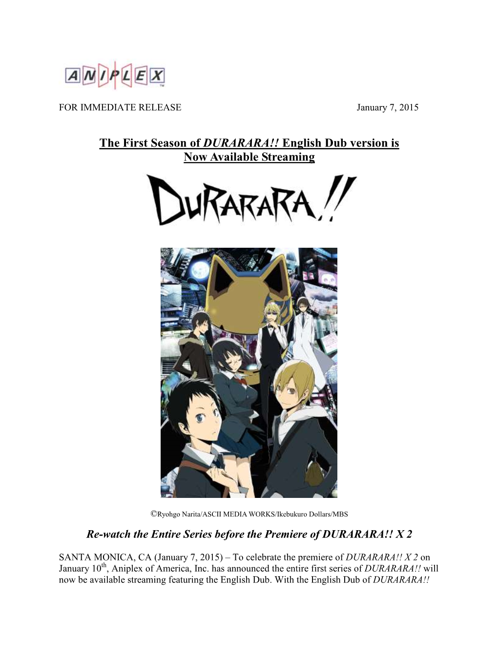 The First Season of DURARARA!! English Dub Version Is Now Available Streaming