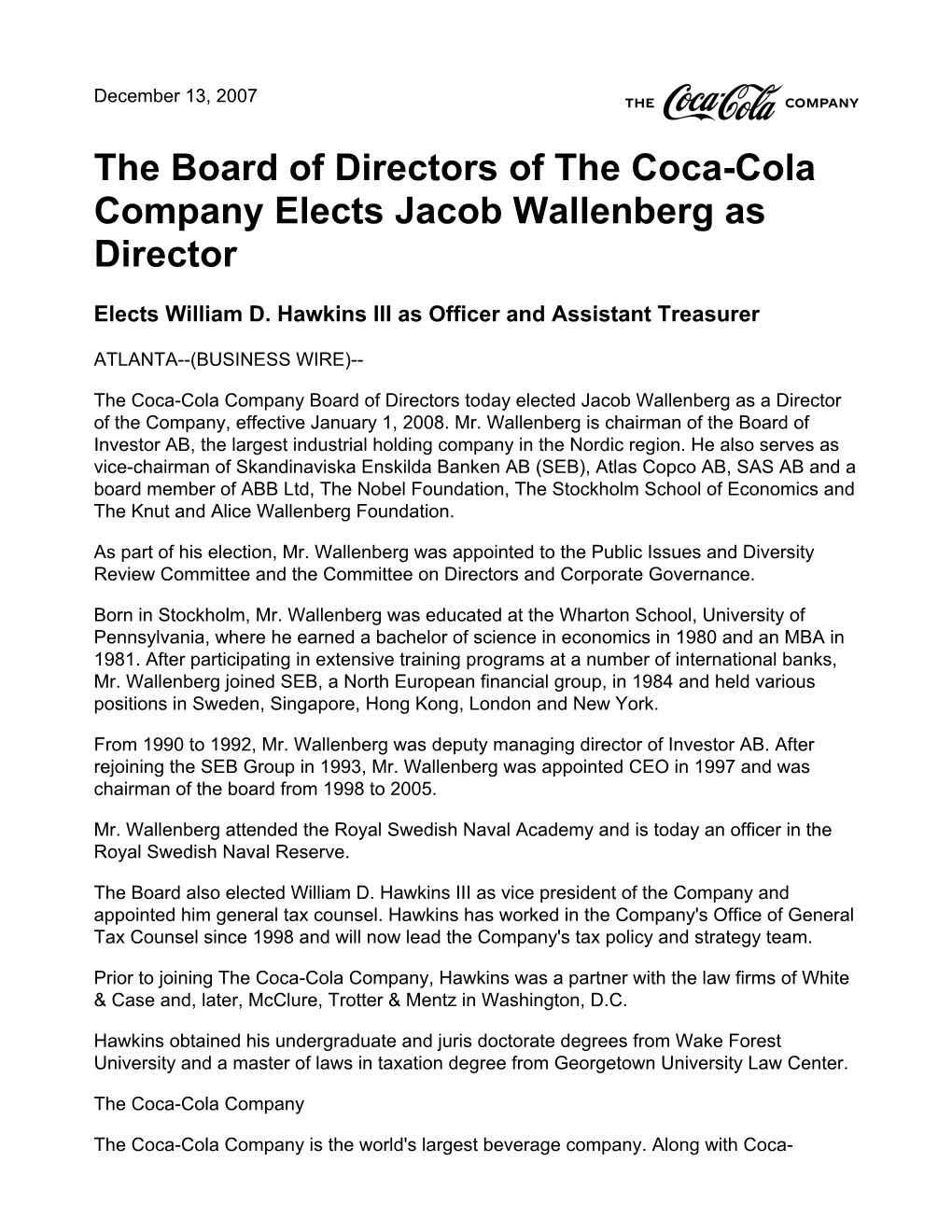 The Board of Directors of the Coca-Cola Company Elects Jacob Wallenberg As Director