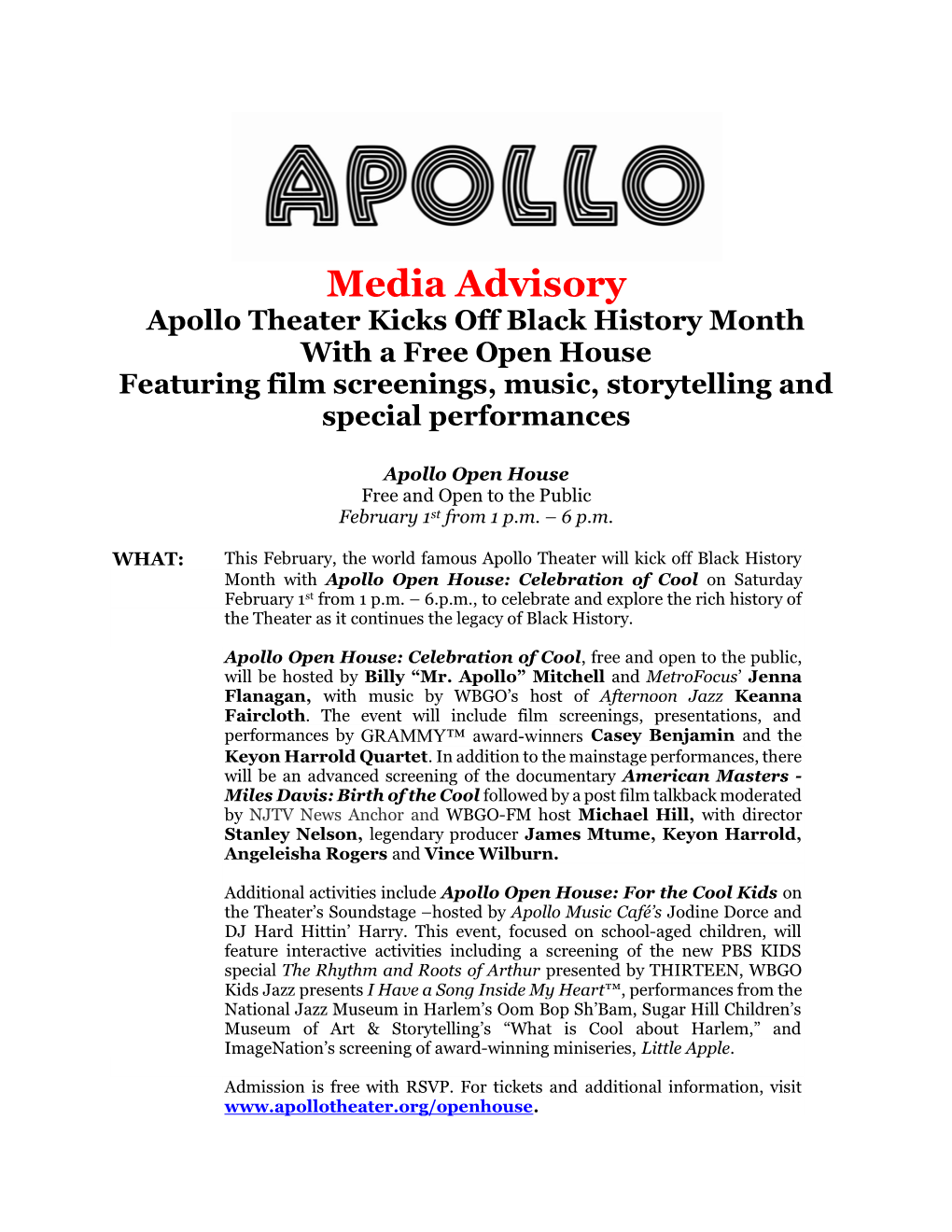 Media Advisory Apollo Theater Kicks Off Black History Month with a Free Open House Featuring Film Screenings, Music, Storytelling and Special Performances