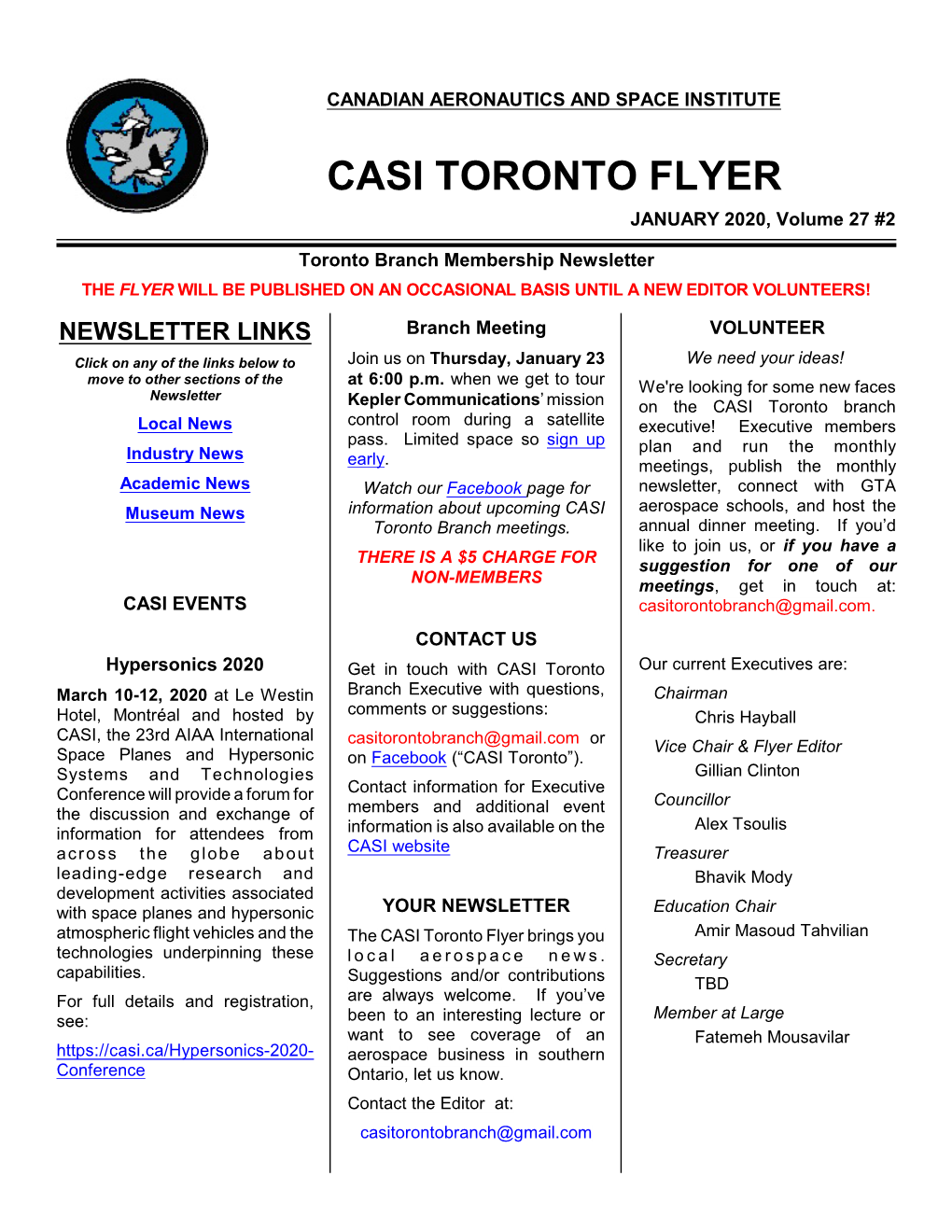 CASI TORONTO FLYER JANUARY 2020, Volume 27 #2