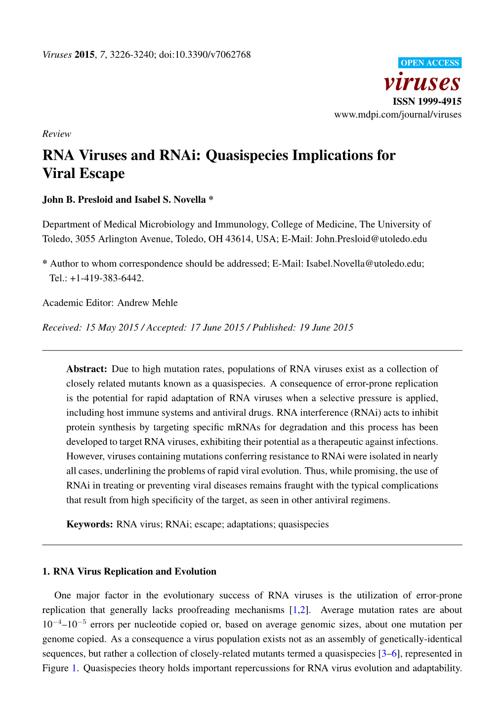 RNA Viruses and Rnai: Quasispecies Implications for Viral Escape