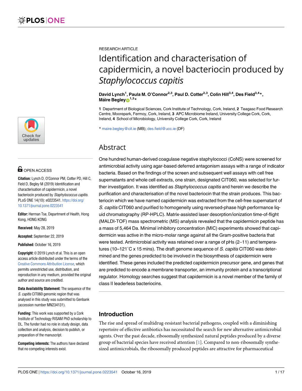 Identification and Characterisation of Capidermicin, a Novel Bacteriocin Produced by Staphylococcus Capitis