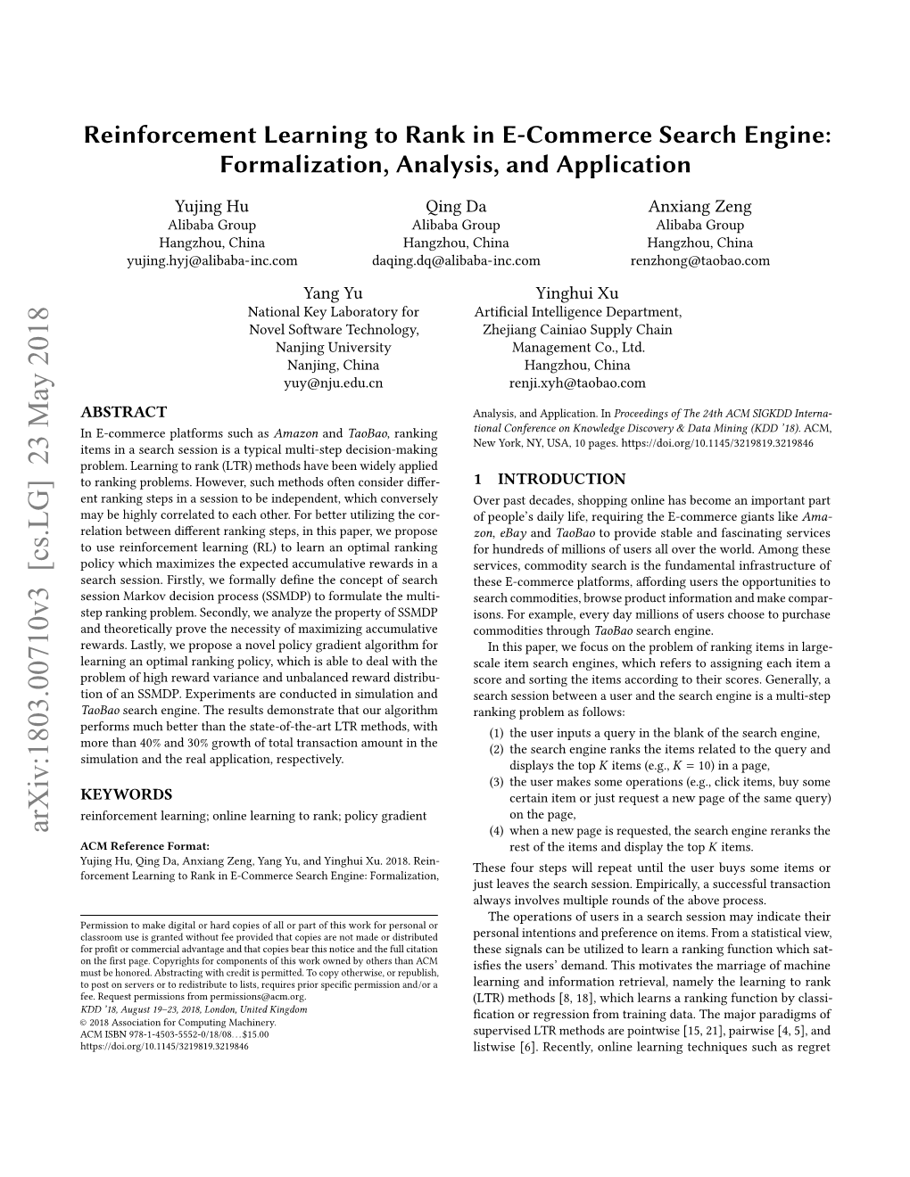 Reinforcement Learning to Rank in E-Commerce Search Engine: Formalization, Analysis, and Application