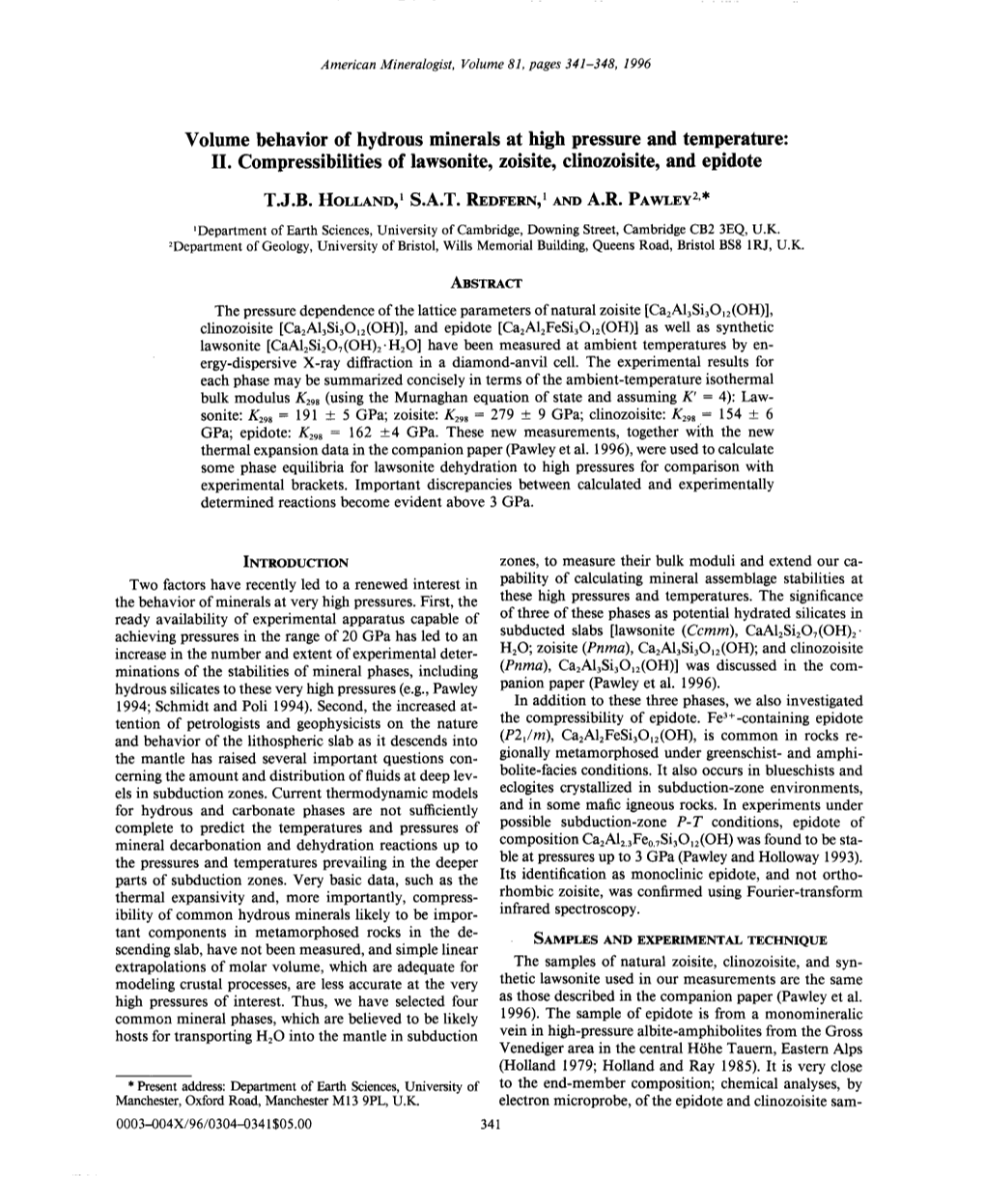 II. Compressibilities of Lawsonite, Zoisite, Clinozoisite, and Epidote