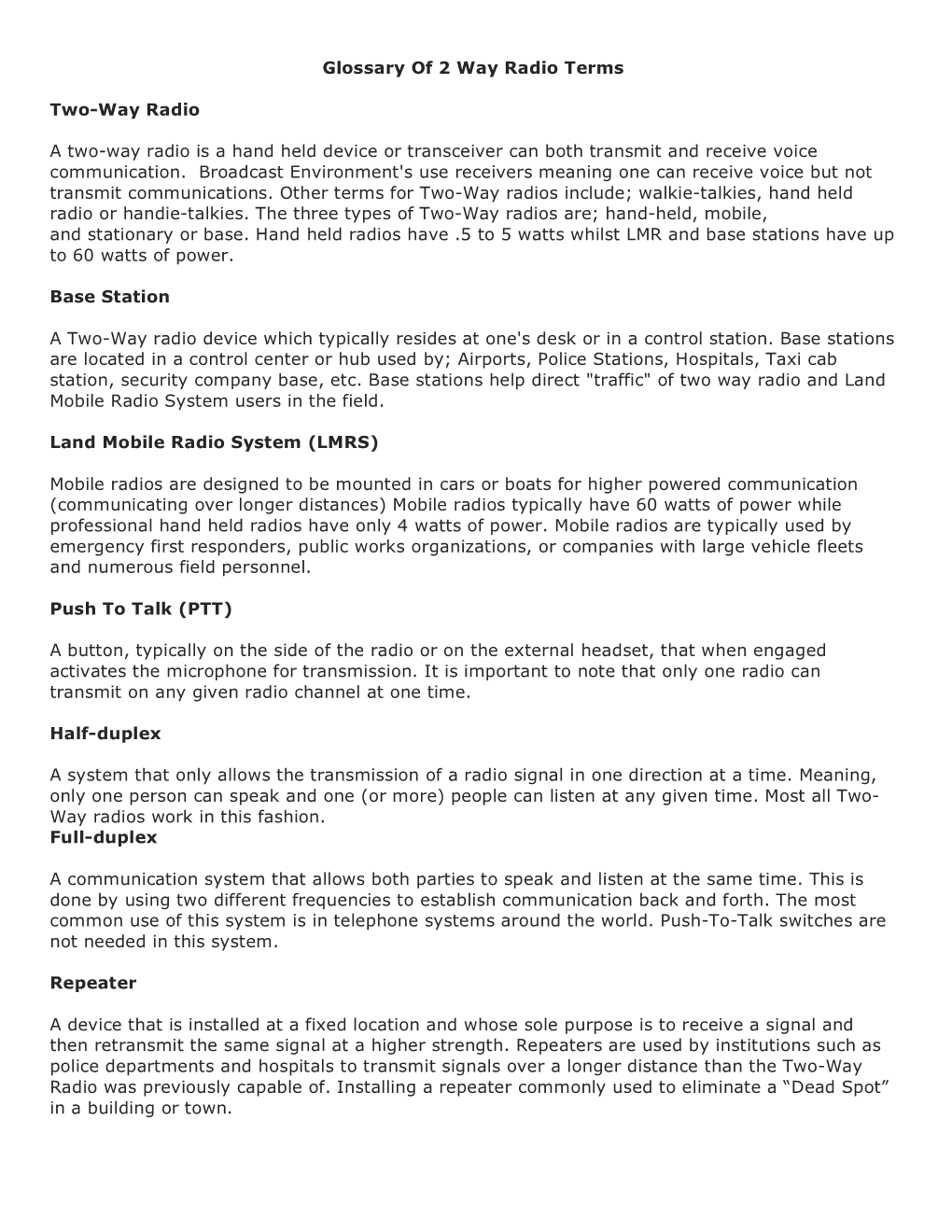 Glossary of 2 Way Radio Terms