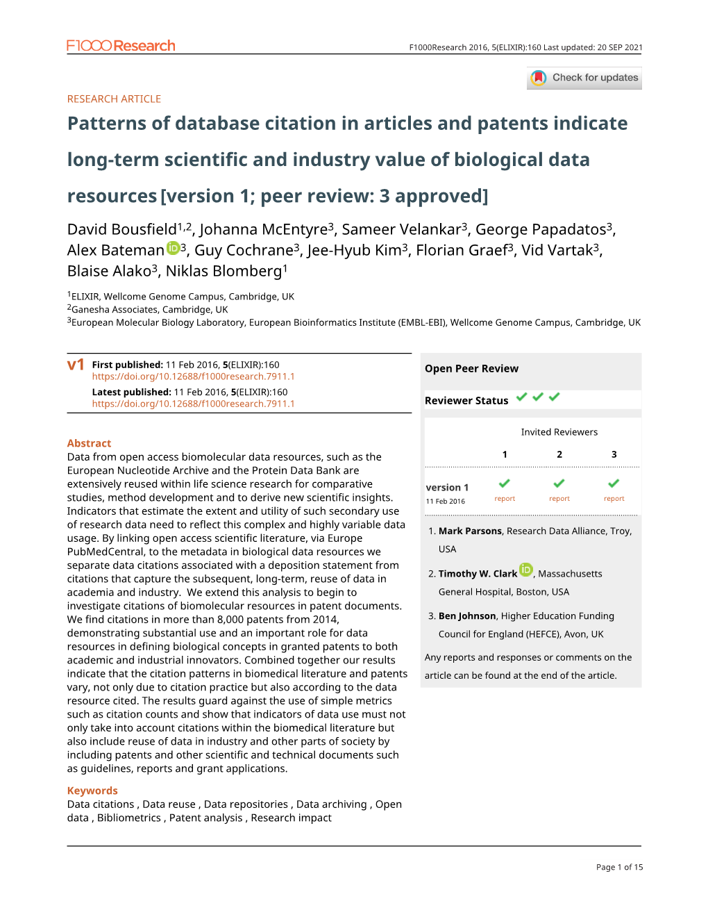 Patterns of Database Citation in Articles and Patents Indicate Long-Term