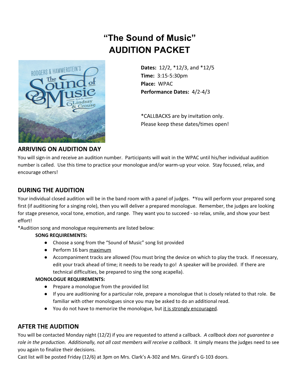 The Sound of Music” AUDITION PACKET