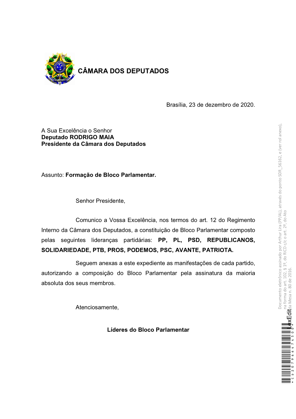 Constituição De Bloco Parlamentar (Do Sr. Arthur Lira)