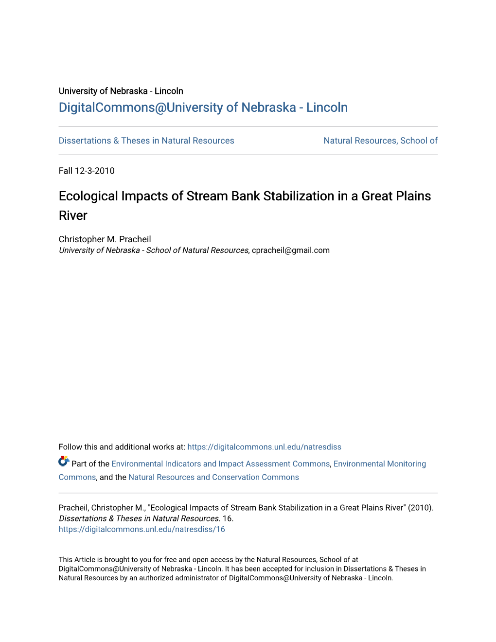 Ecological Impacts of Stream Bank Stabilization in a Great Plains River