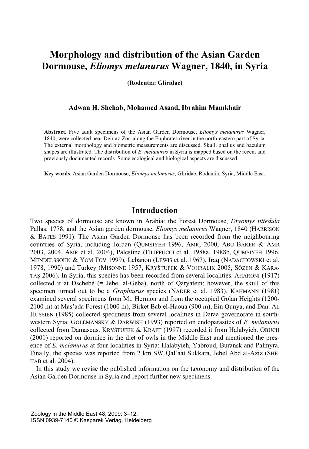 Morphology and Distribution of the Asian Garden Dormouse, Eliomys Melanurus Wagner, 1840, in Syria