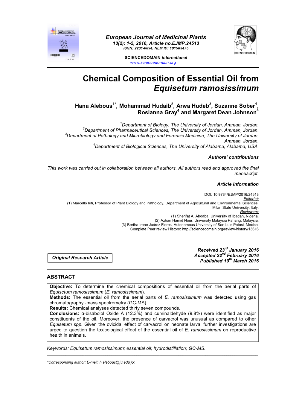 Chemical Composition of Essential Oil from Equisetum Ramosissimum