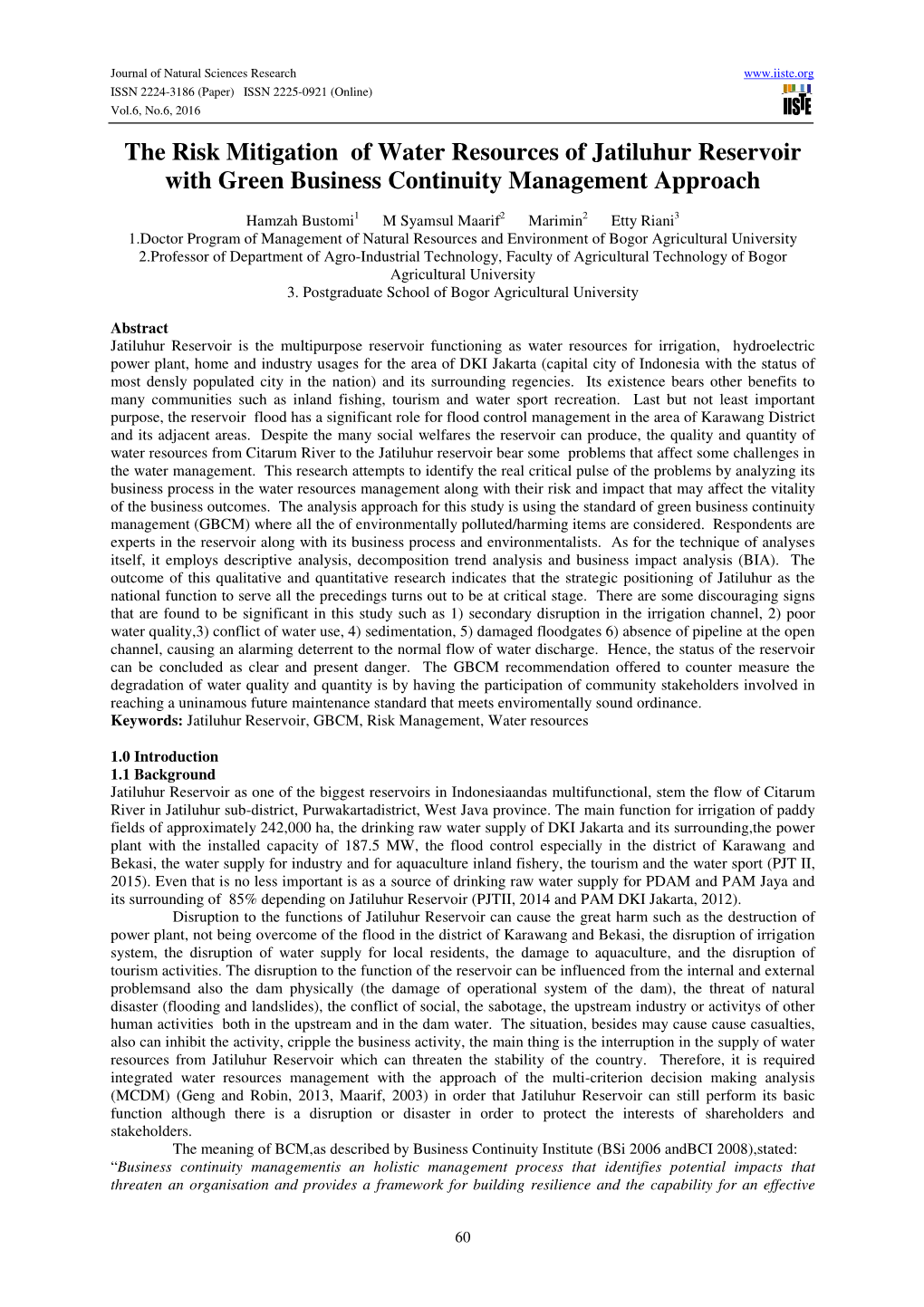 The Risk Mitigation of Water Resources of Jatiluhur Reservoir with Green Business Continuity Management Approach