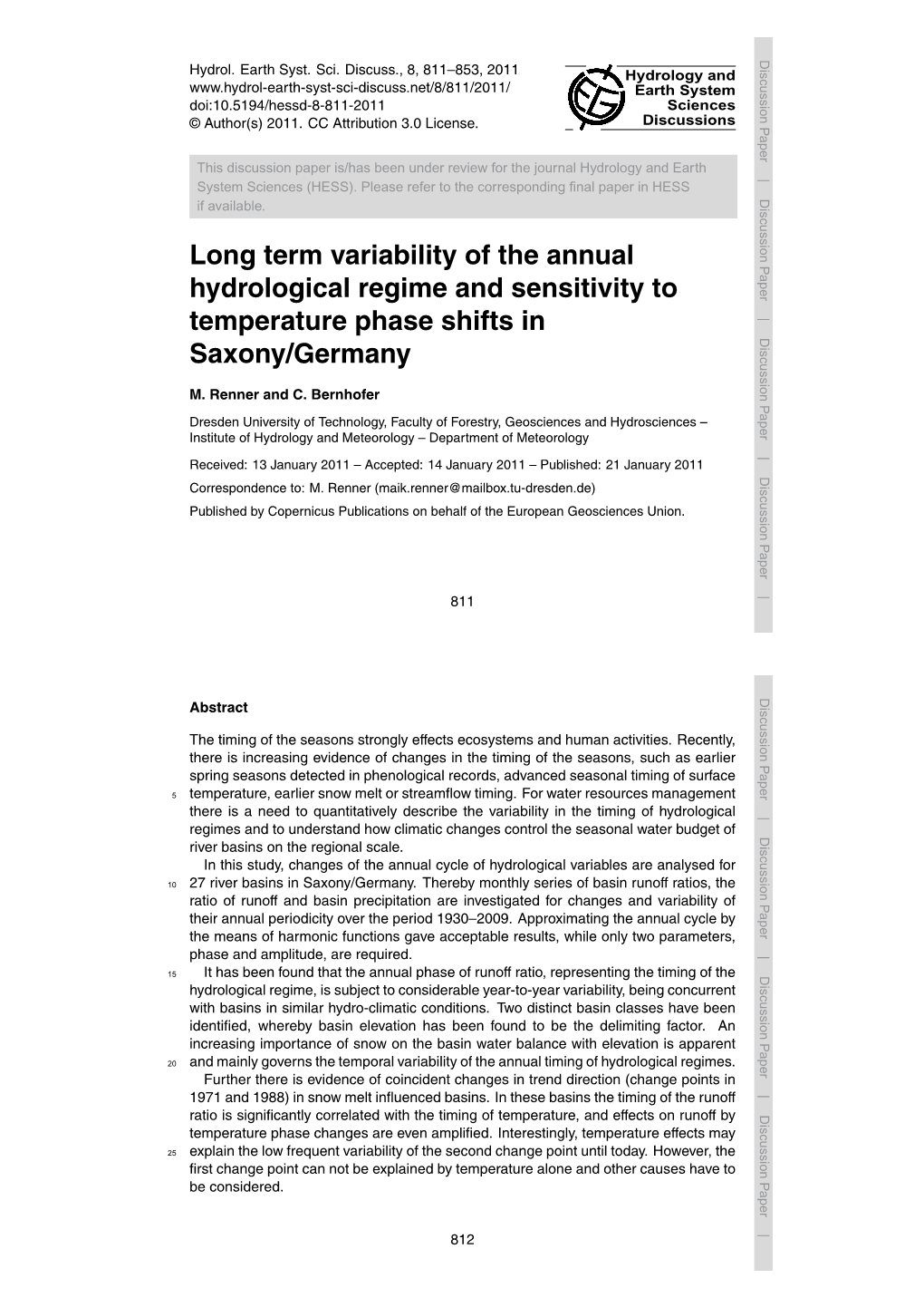 Long Term Variability of the Annual Hydrological Regime and Sensitivity