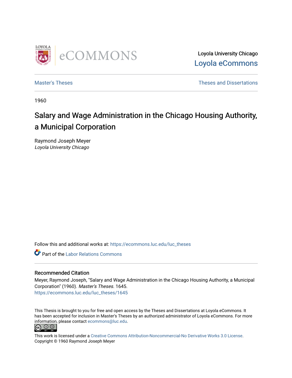 Salary and Wage Administration in the Chicago Housing Authority, a Municipal Corporation