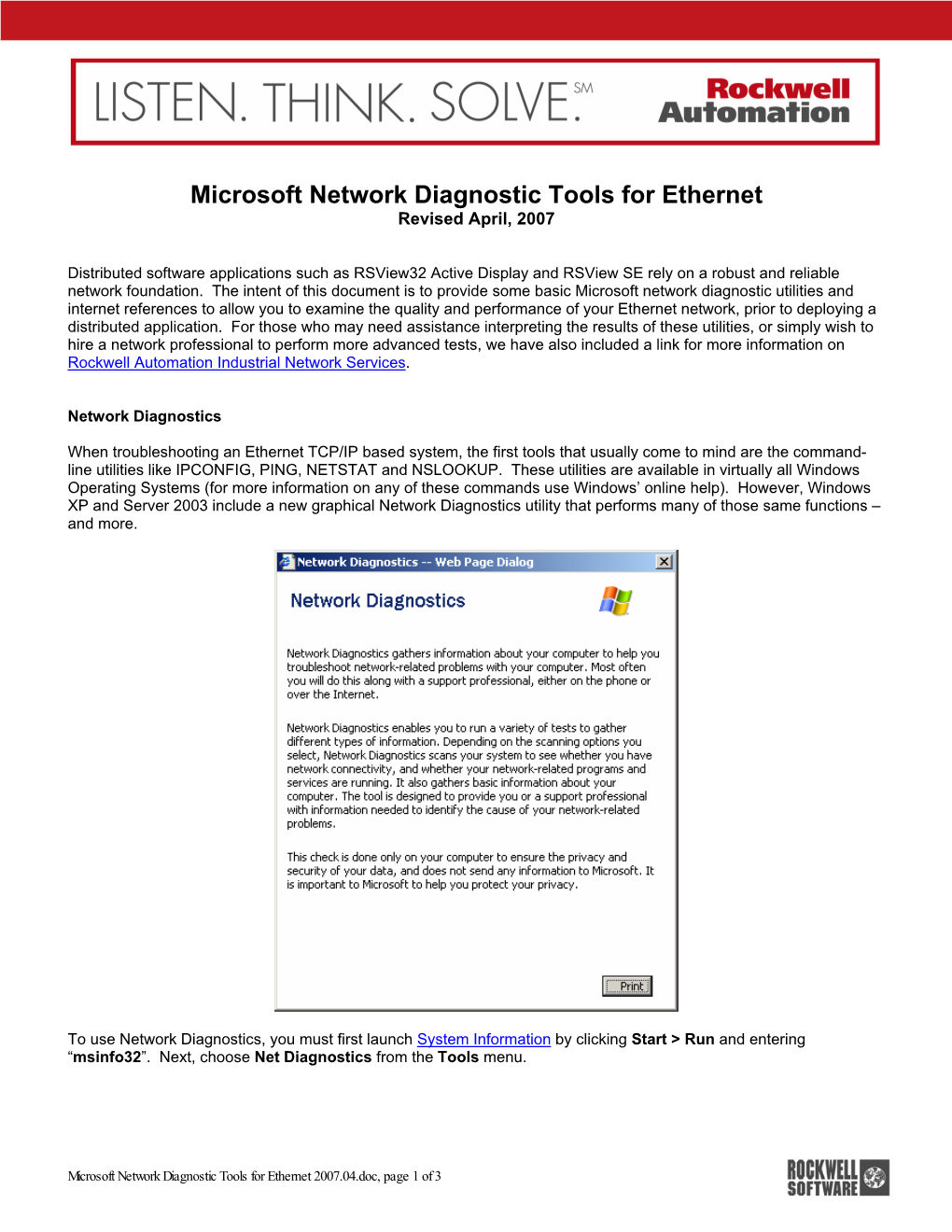 Microsoft Network Diagnostic Tools for Ethernet Revised April, 2007
