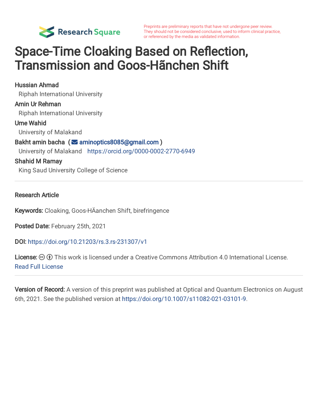 Space-Time Cloaking Based on Reflection, Transmission and Goos