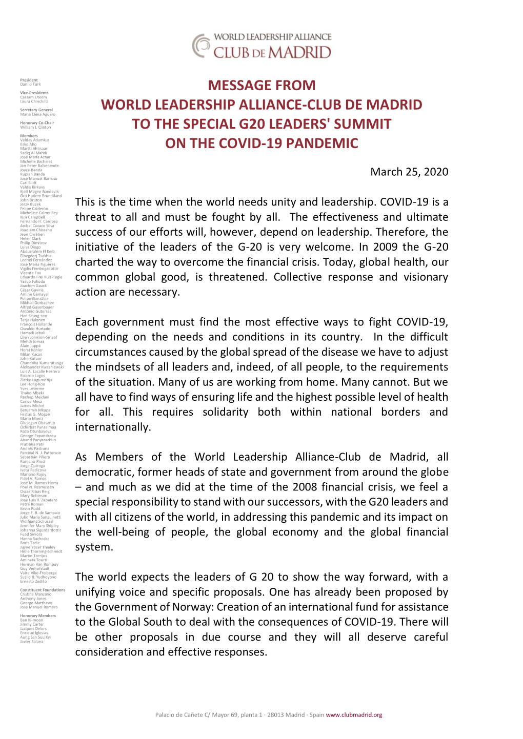 Message to the Special G20 Leaders