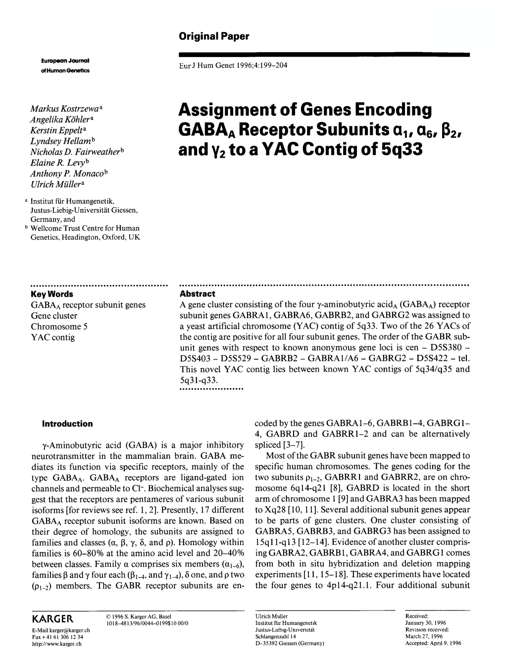 Assignment of Genes Encoding Gabaa Receptor Subunits A1r A6