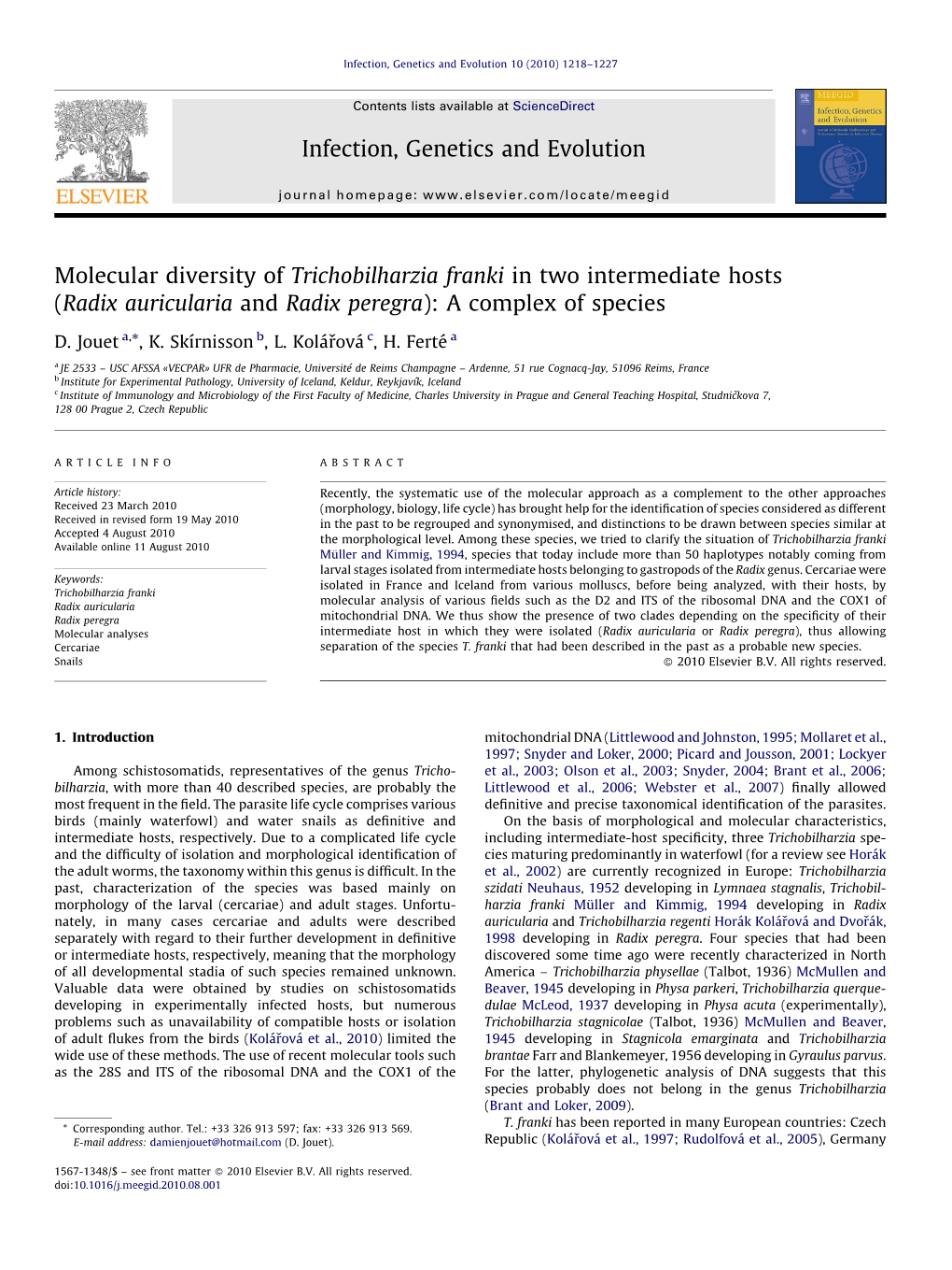 Molecular Diversity of Trichobilharzia Franki.Pdf