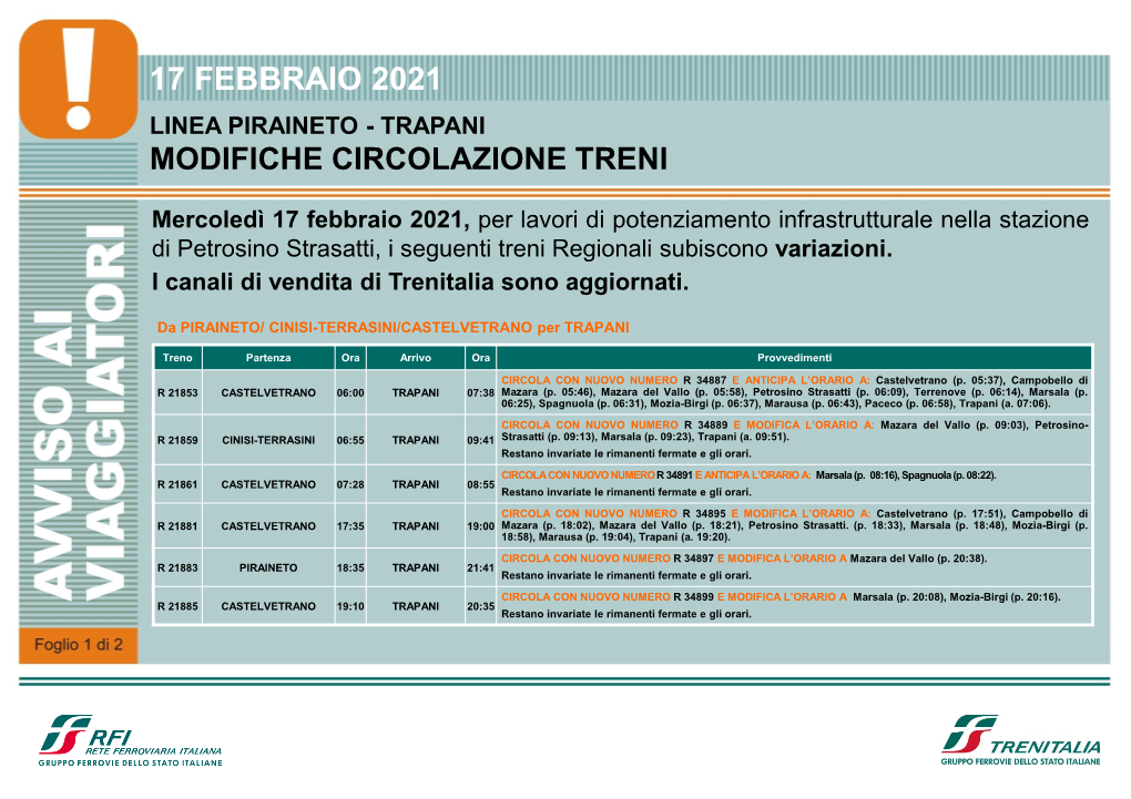 17 Febbraio 2021 Linea Piraineto - Trapani Modifiche Circolazione Treni