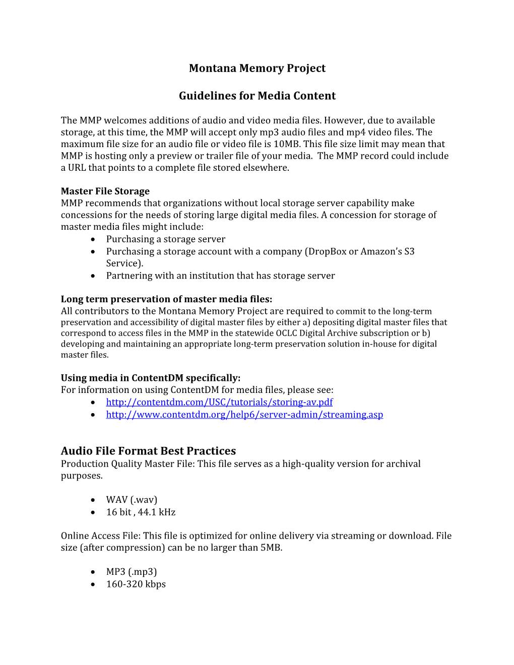 Montana Memory Project Guidelines for Media Content Audio File Format Best Practices