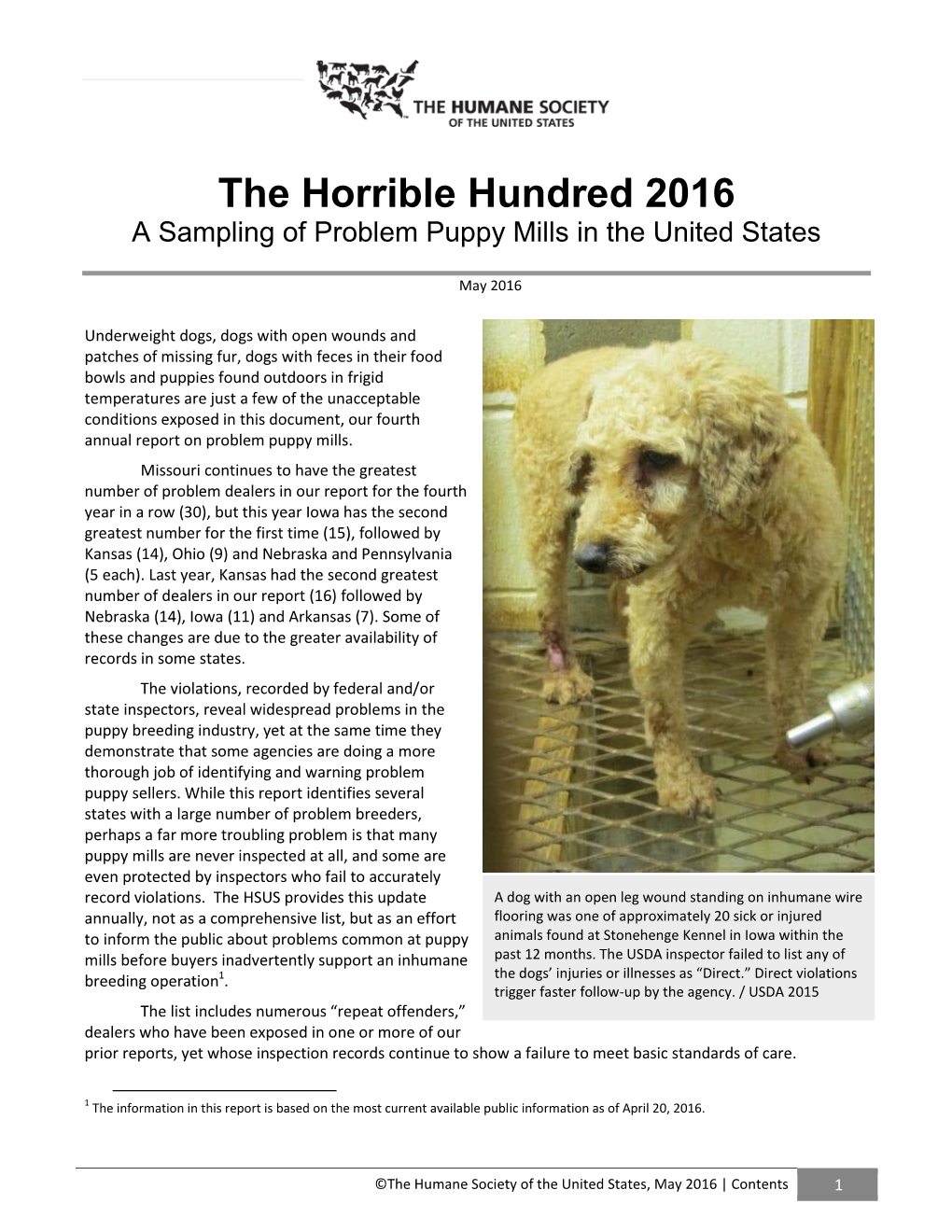 The Horrible Hundred 2016 a Sampling of Problem Puppy Mills in the United States