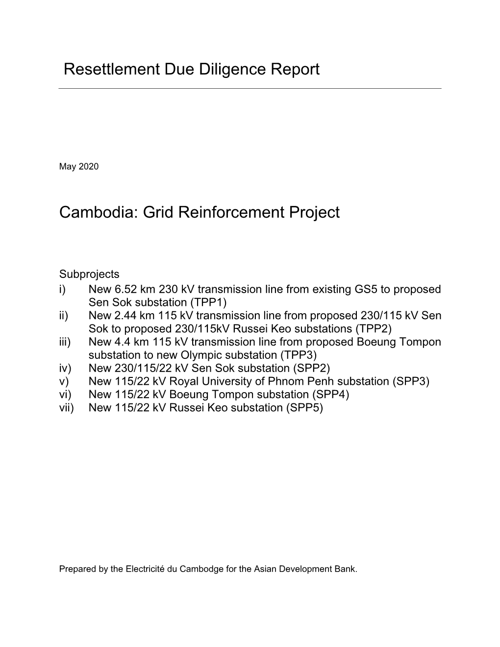 Resettlement Due Diligence Report Cambodia: Grid Reinforcement