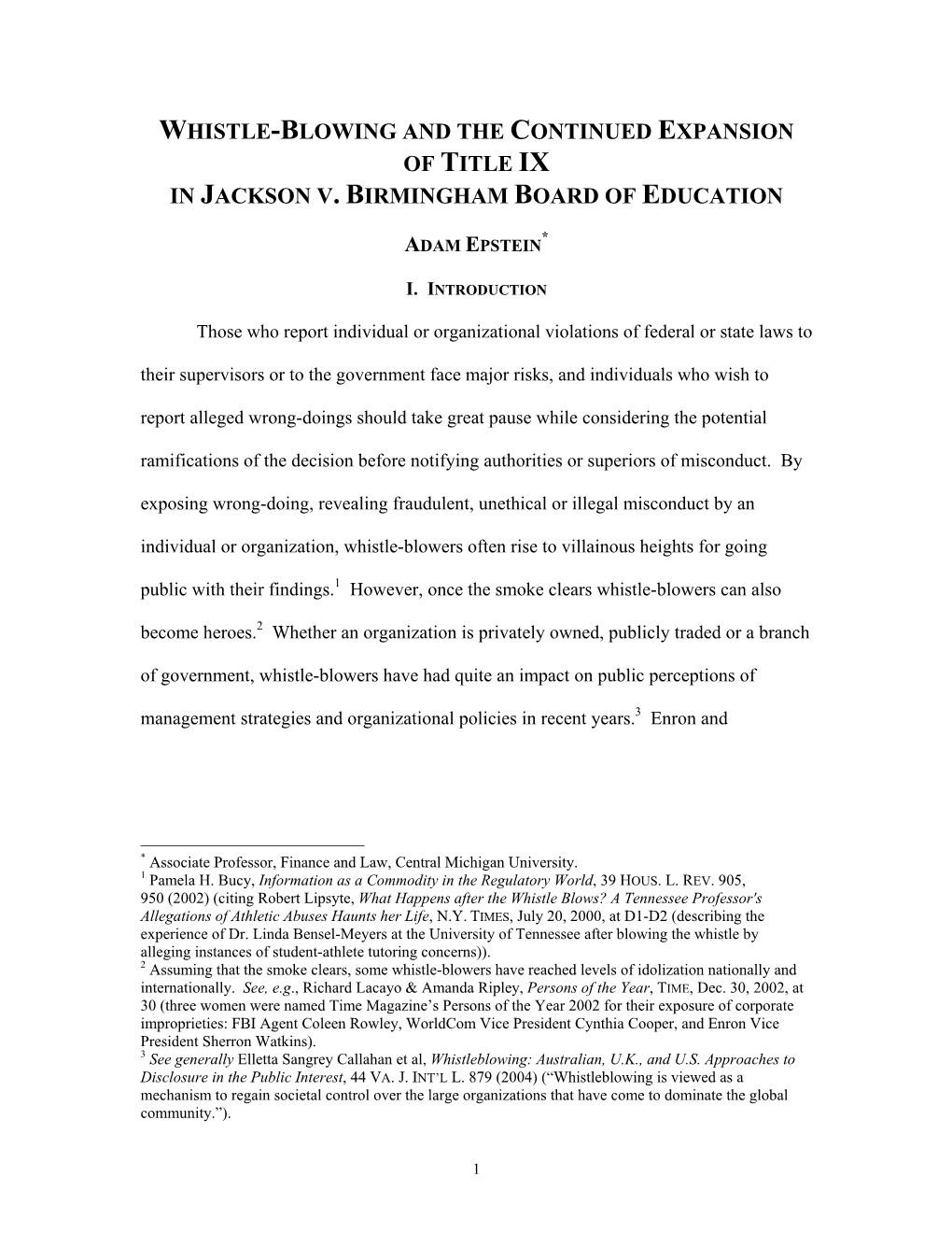 Whistle-Blowing and the Continued Expansion of Title Ix in Jackson V