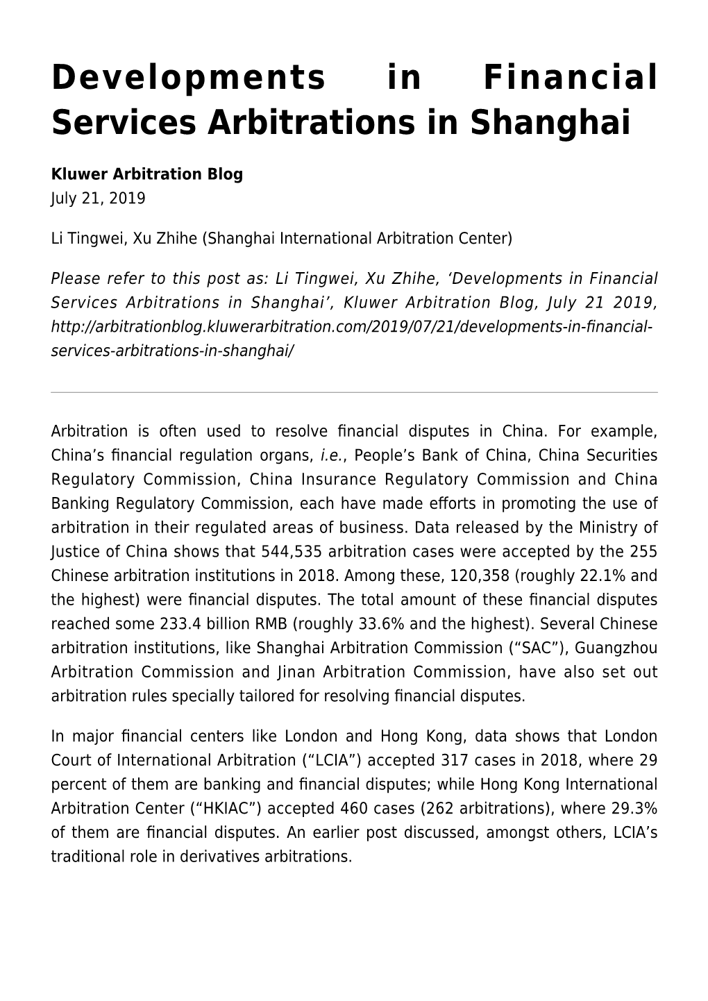 Developments in Financial Services Arbitrations in Shanghai