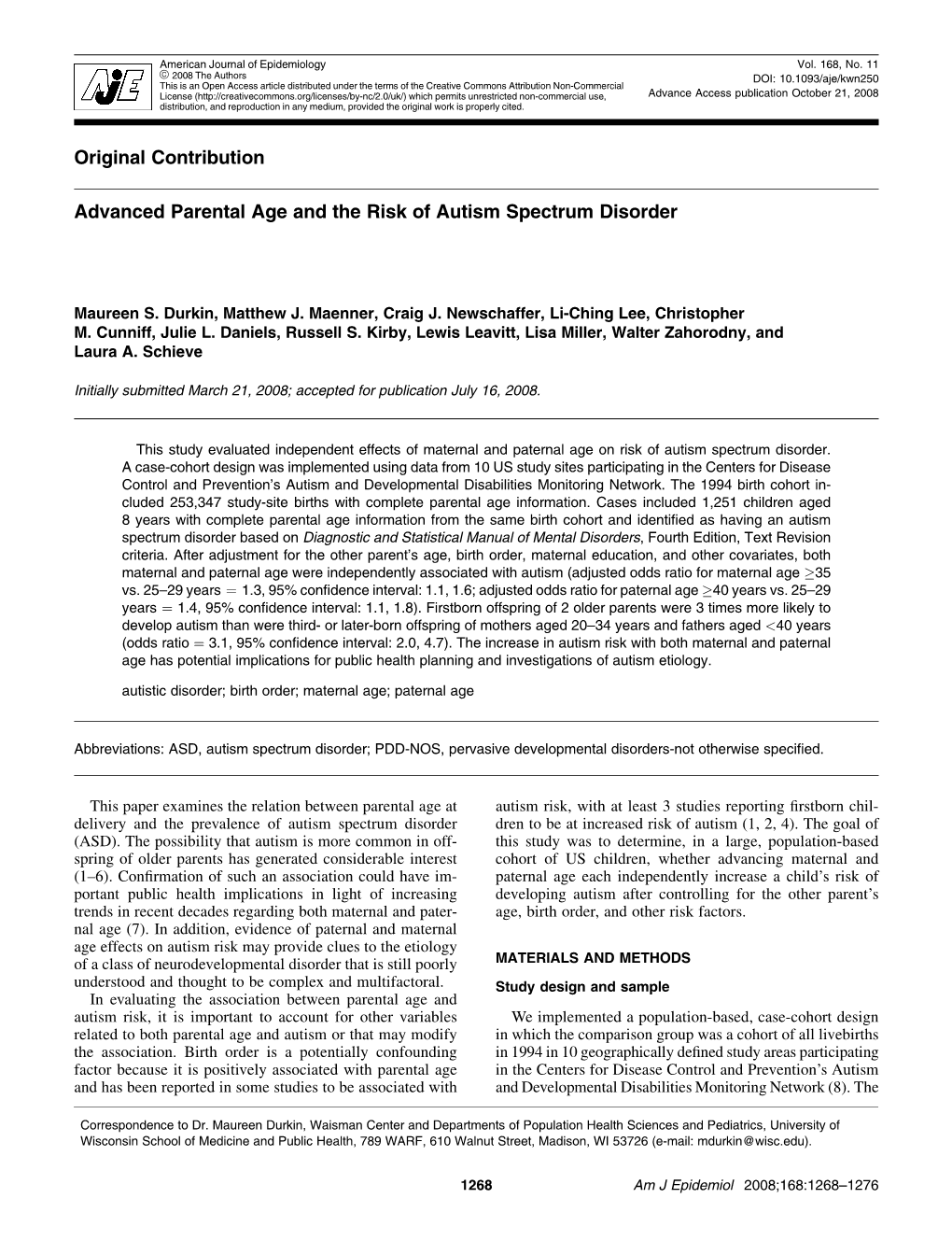 Original Contribution Advanced Parental Age and the Risk of Autism