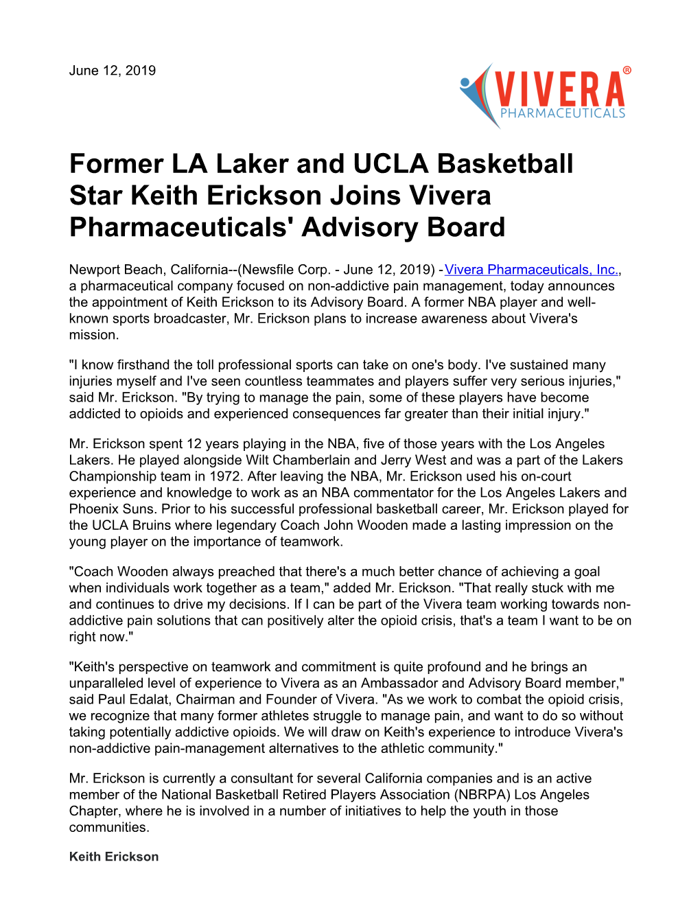 Former LA Laker and UCLA Basketball Star Keith Erickson Joins Vivera Pharmaceuticals' Advisory Board