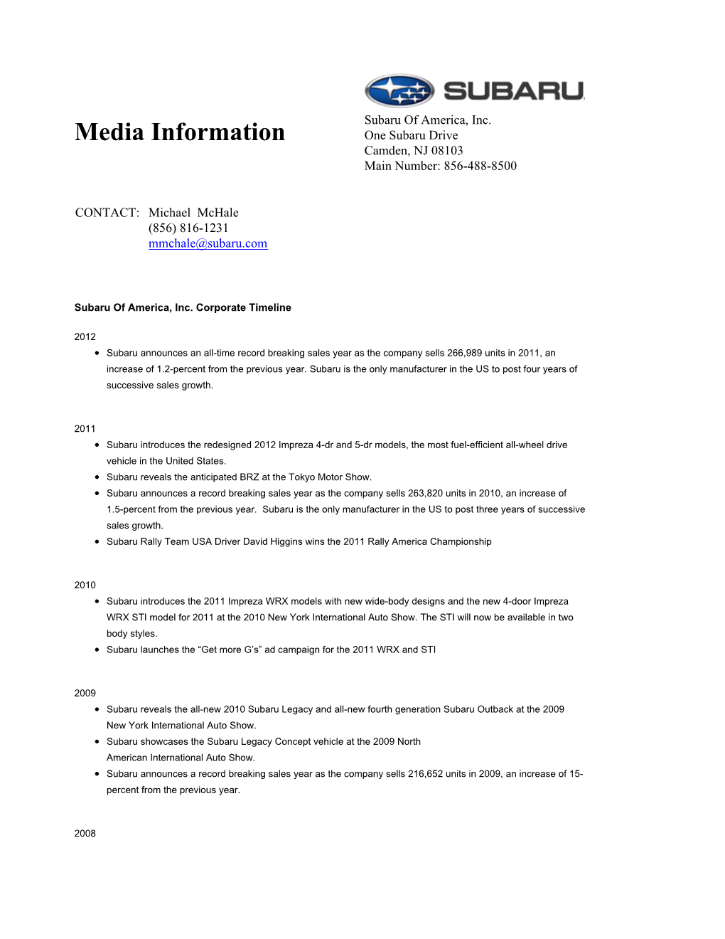 Subaru of America, Inc. Corporate Timeline