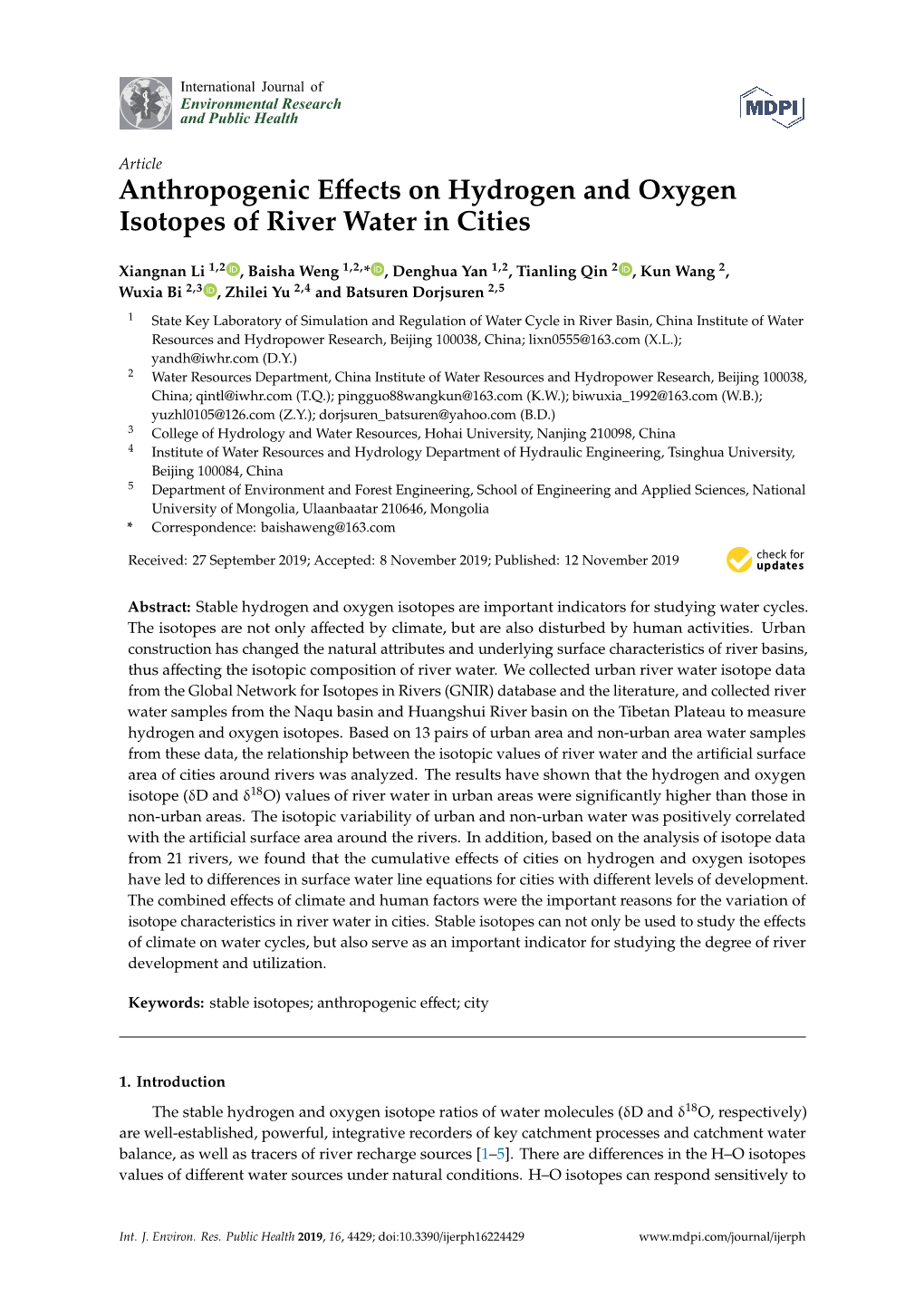 Anthropogenic Effects on Hydrogen and Oxygen Isotopes of River Water