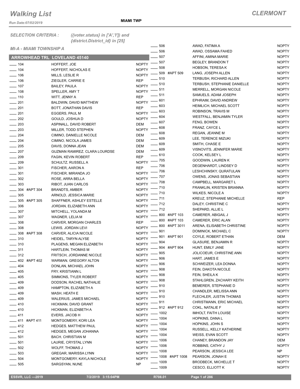 Walking List CLERMONT MIAMI TWP Run Date:07/02/2019