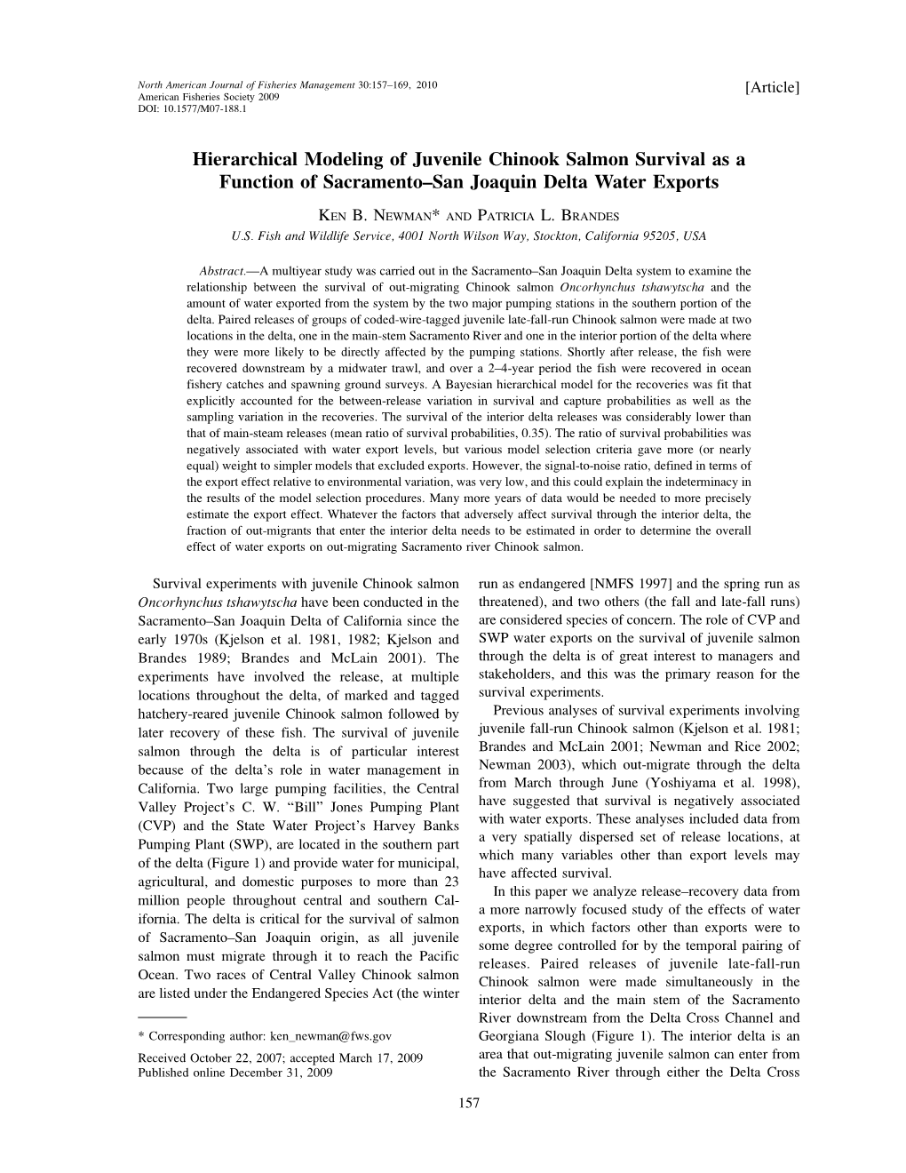 Hierarchical Modeling of Juvenile Chinook Salmon Survival As a Function of Sacramento–San Joaquin Delta Water Exports