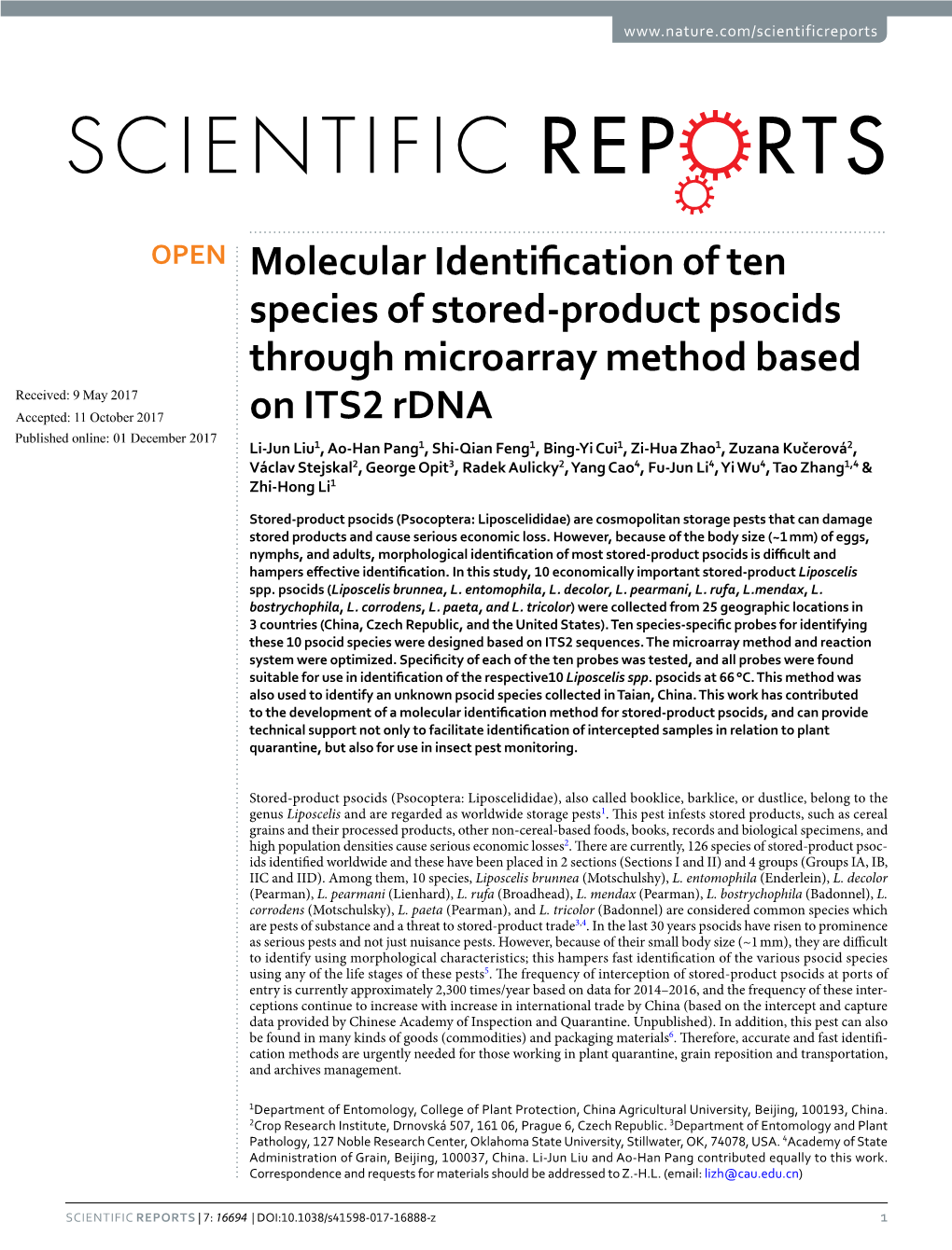 Molecular Identification of Ten Species of Stored-Product Psocids Through