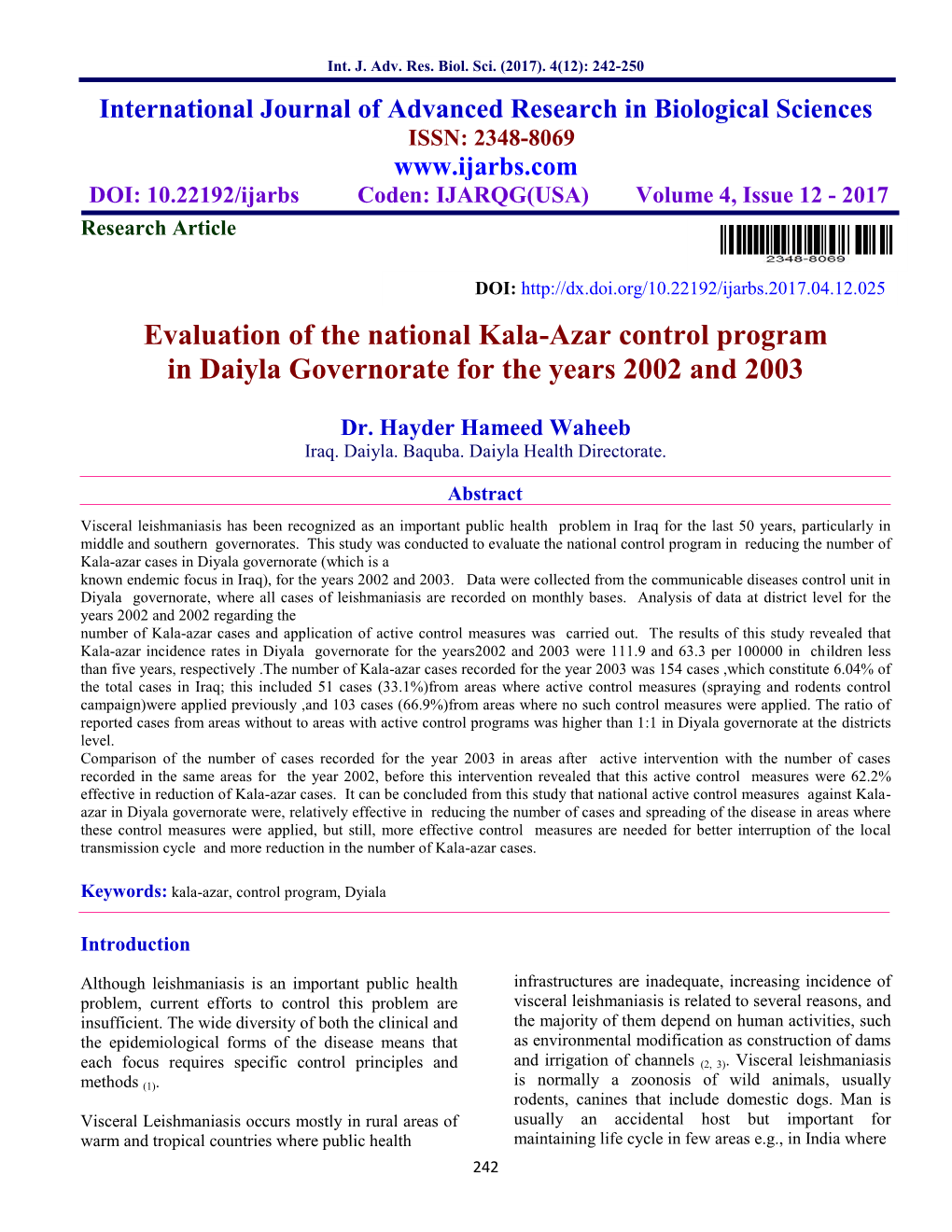 Evaluation of the National Kala-Azar Control Program in Daiyla Governorate for the Years 2002 and 2003