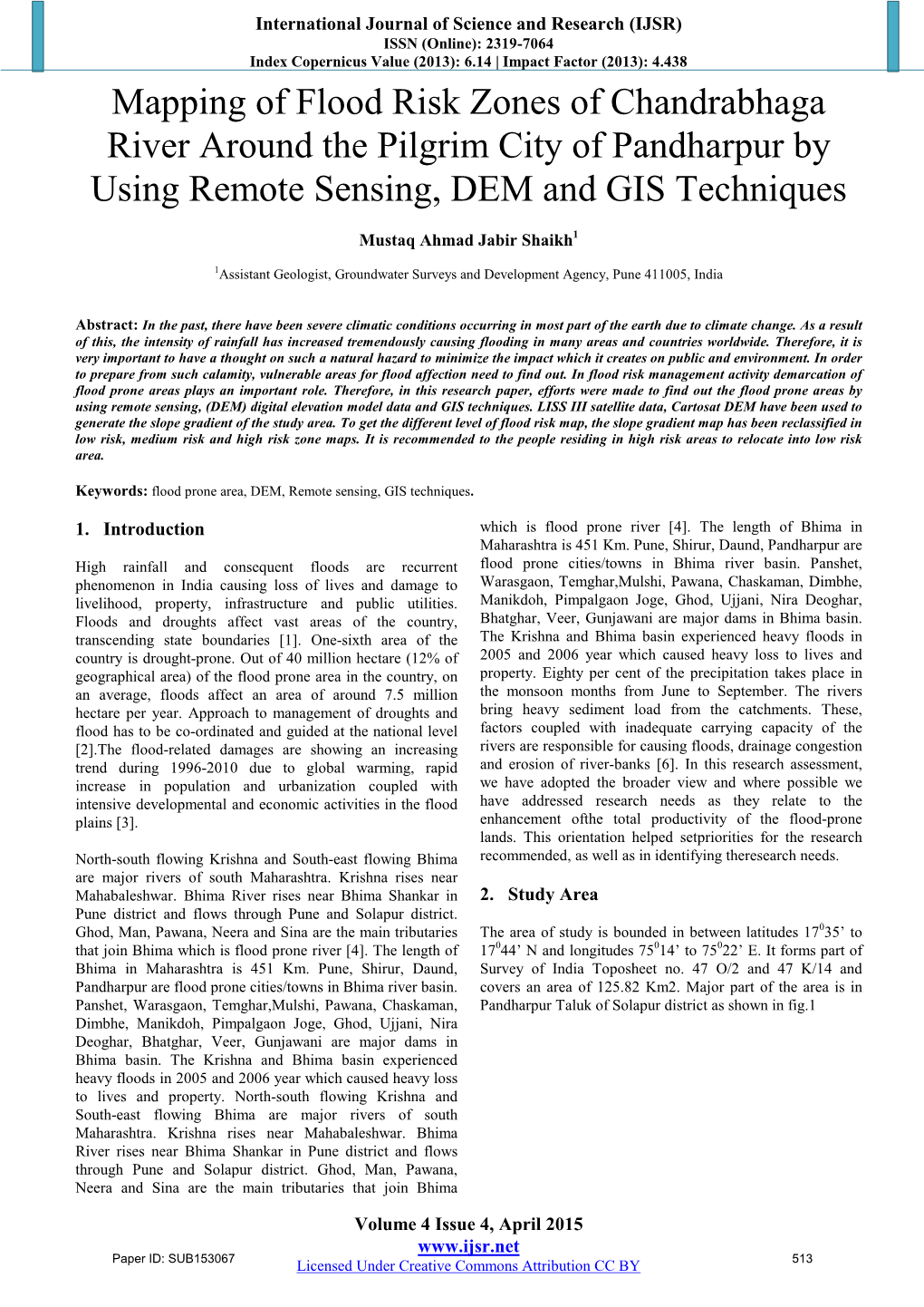 Mapping of Flood Risk Zones of Chandrabhaga River Around the Pilgrim City of Pandharpur by Using Remote Sensing, DEM and GIS Techniques