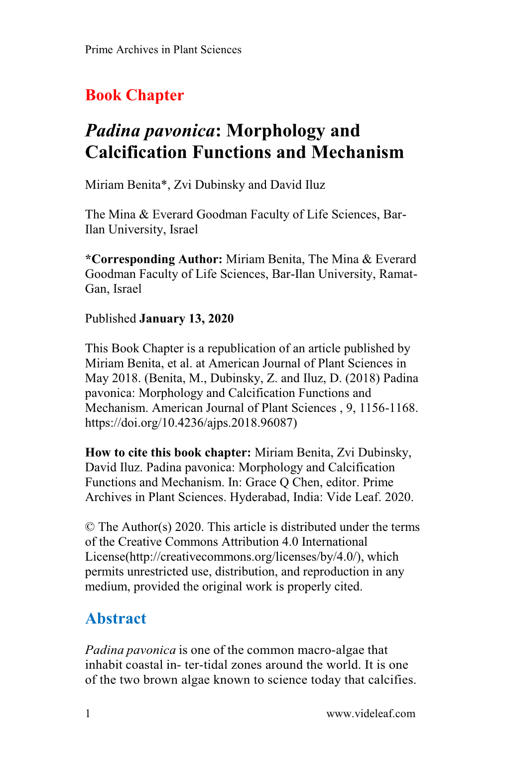 Padina Pavonica: Morphology and Calcification Functions and Mechanism