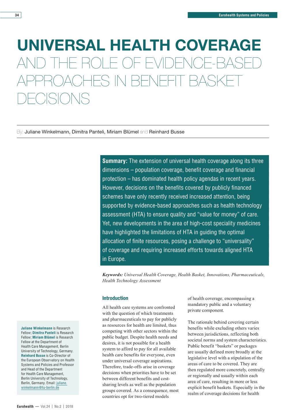 Universal Health Coverage and the Role of Evidence-Based Approaches in Benefit Basket Decisions