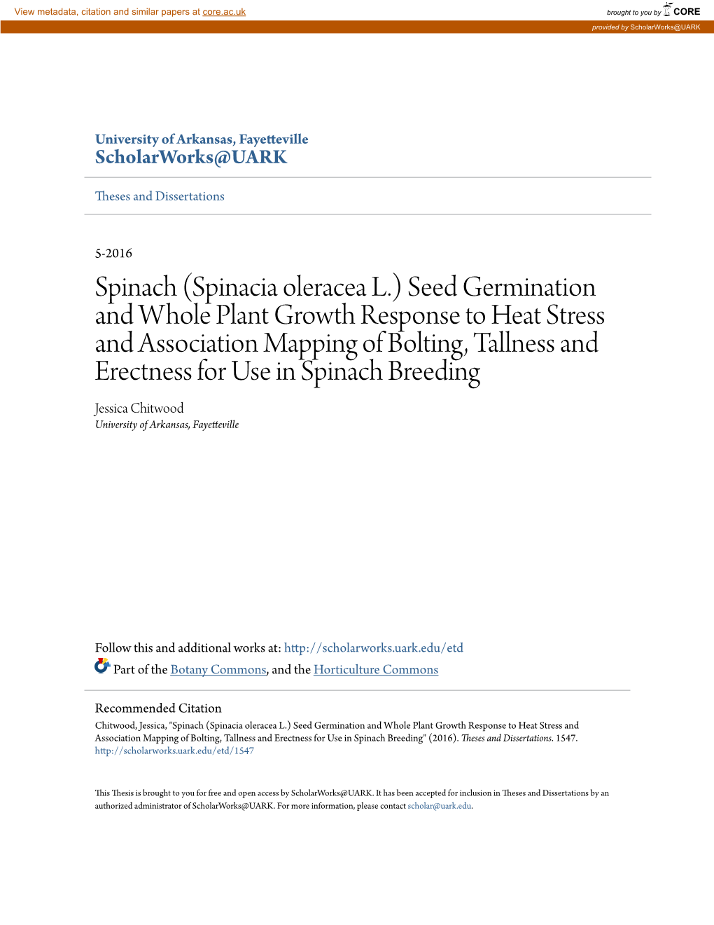 Spinach (Spinacia Oleracea L.) Seed Germination and Whole Plant Growth Response to Heat Stress and Association Mapping of Boltin