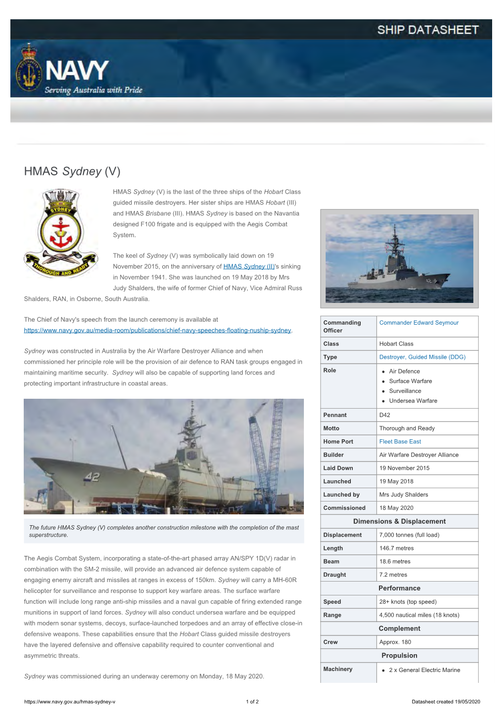 HMAS Sydney (V) Ship Datasheet