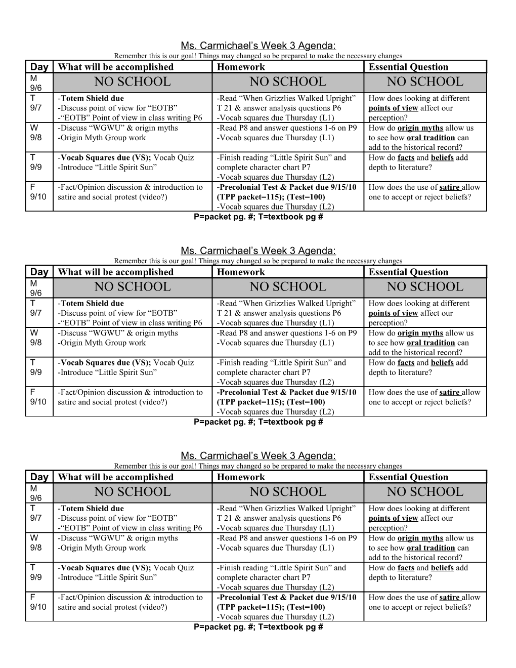 Ms. Carmichael S Week 3 Agenda