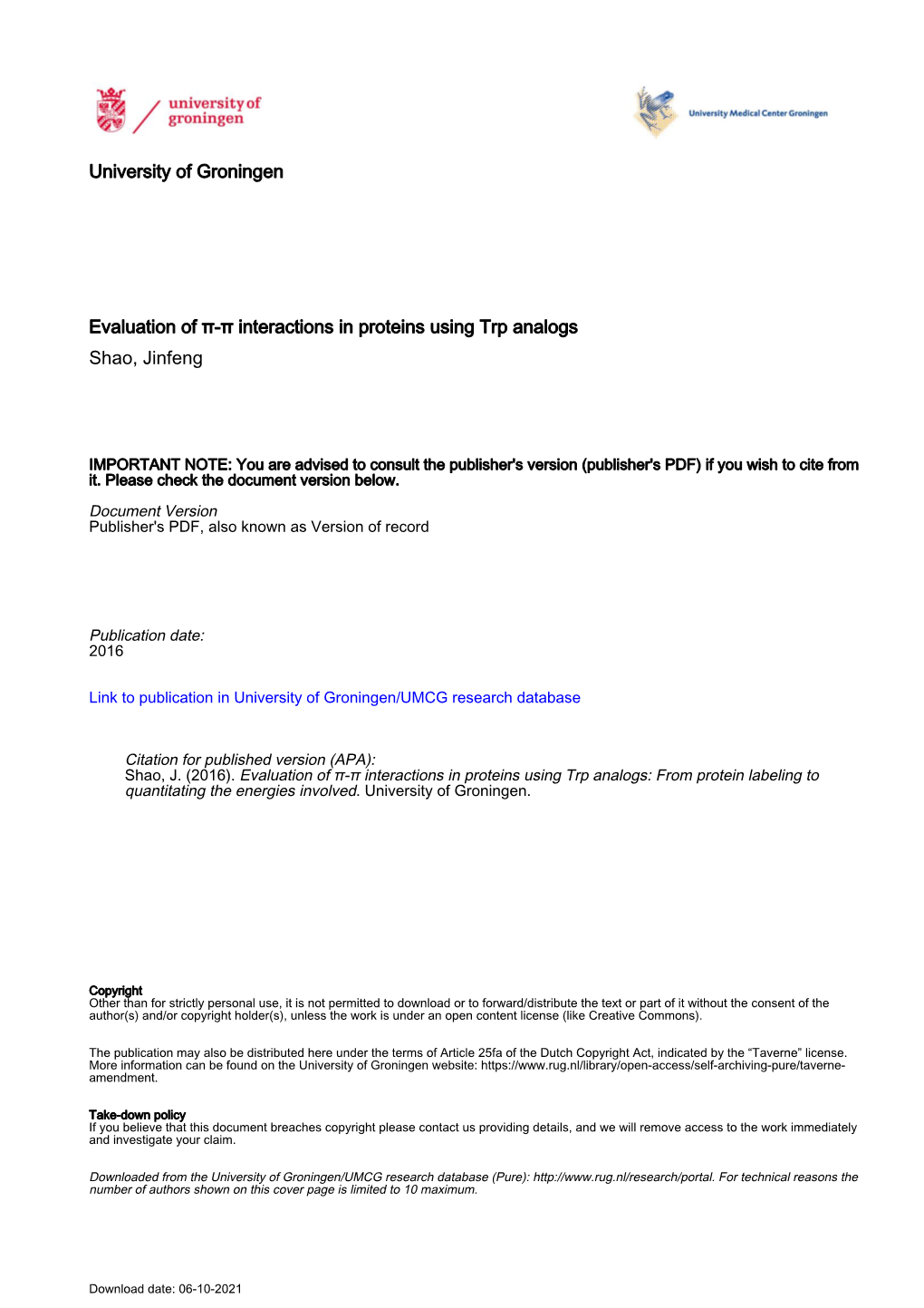 University of Groningen Evaluation of Π-Π Interactions in Proteins Using