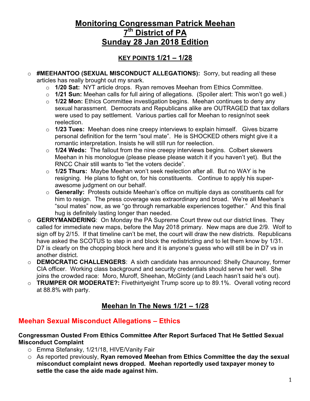 Monitoring Congressman Patrick Meehan 7Th District of PA Sunday 28 Jan 2018 Edition