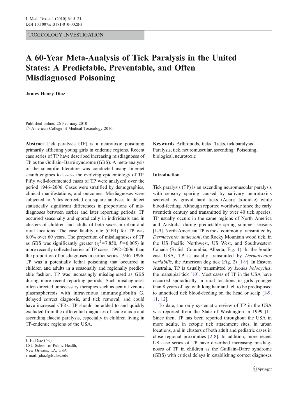 A 60-Year Meta-Analysis of Tick Paralysis in the United States: a Predictable, Preventable, and Often Misdiagnosed Poisoning