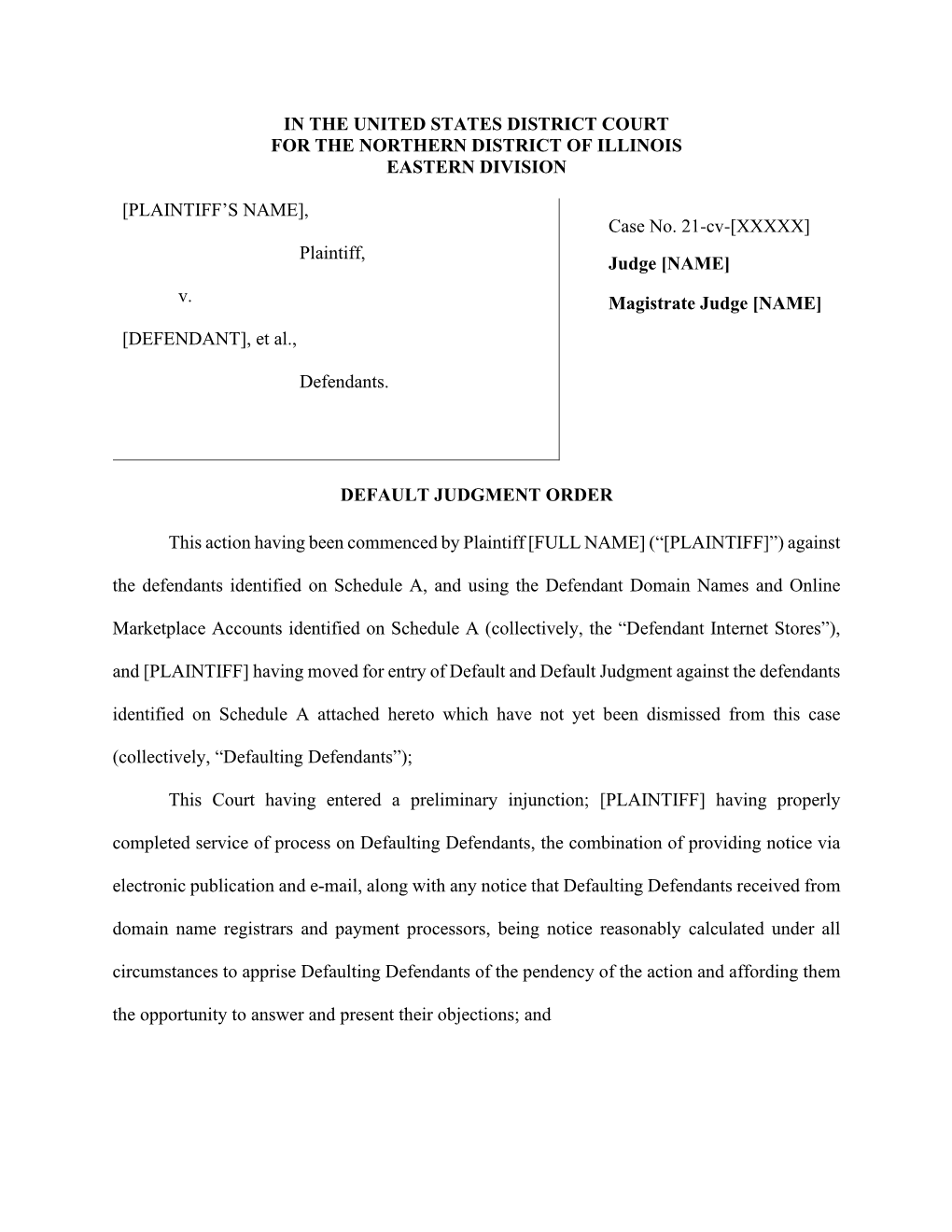 Default Judgment Template for Schedule a Cases