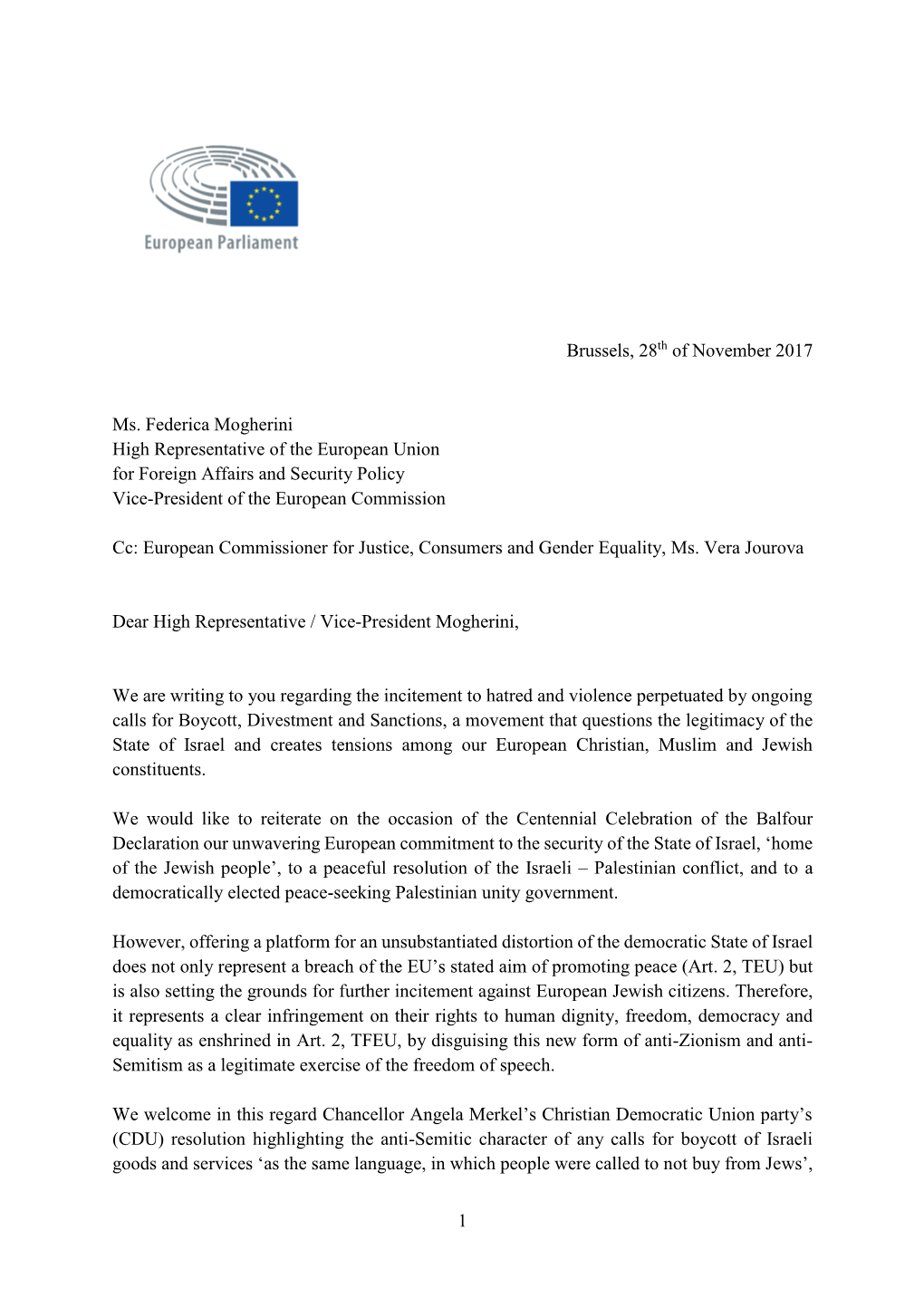 1 Brussels, 28Th of November 2017 Ms. Federica Mogherini High