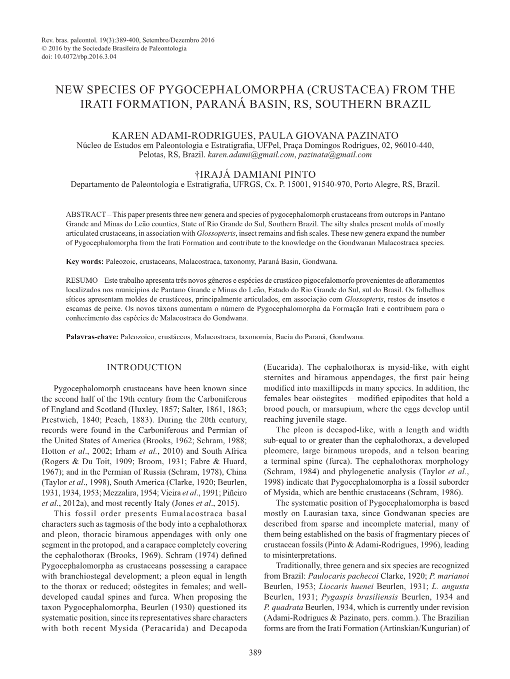 New Species of Pygocephalomorpha (Crustacea) from the Irati Formation, Paraná Basin, Rs, Southern Brazil